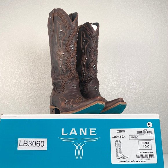 Lane COSSETTE Cowgirl Western Boots 10 Brown Leather Mid Calf Cowboy Snip Toe - Picture 10 of 10